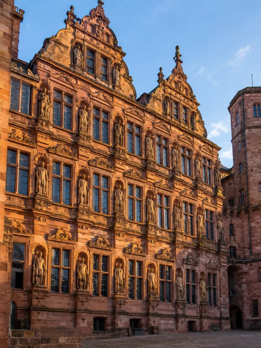La fachada del Friedrichsbau del Castillo de Heidelberg con sus estatuas de los electores palatinos, iluminada por el sol bajo