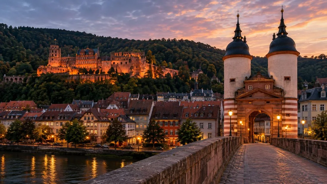 El Castillo de Heidelberg visto desde el Puente Viejo, con la ruina roja sobre el Casco Antiguo al atardecer