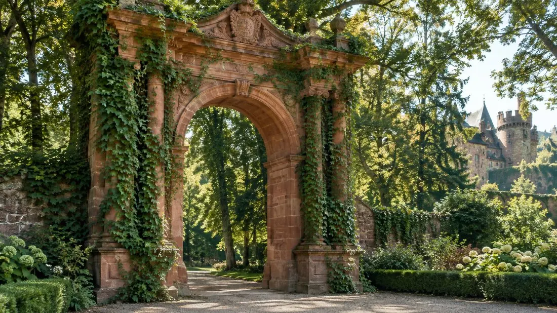 La Puerta de Isabel, un arco de arenisca tallado cubierto de hiedra en el borde del jardín del castillo