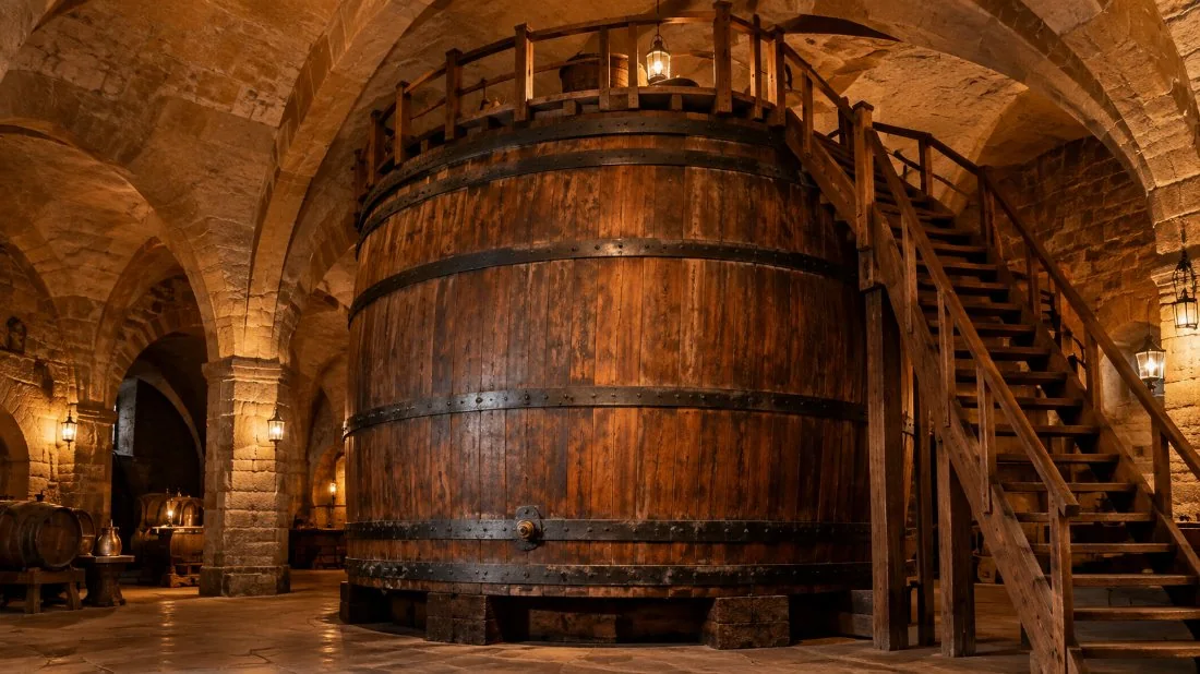 El Gran Tonel, un enorme barril de vino de madera en una bodega abovedada, con una escalera que lleva a la plataforma superior